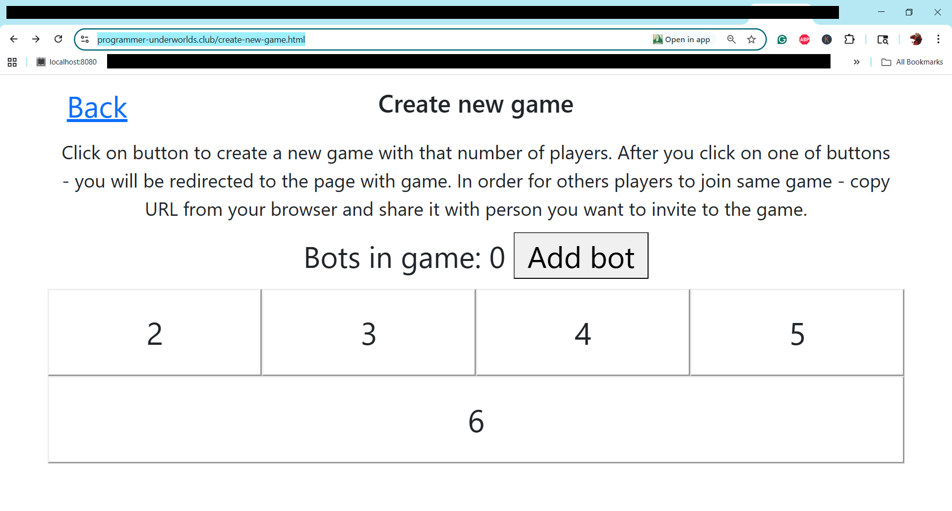 Captura de tela da página de criação de novo jogo que demonstra o botão 'Adicionar bot'.