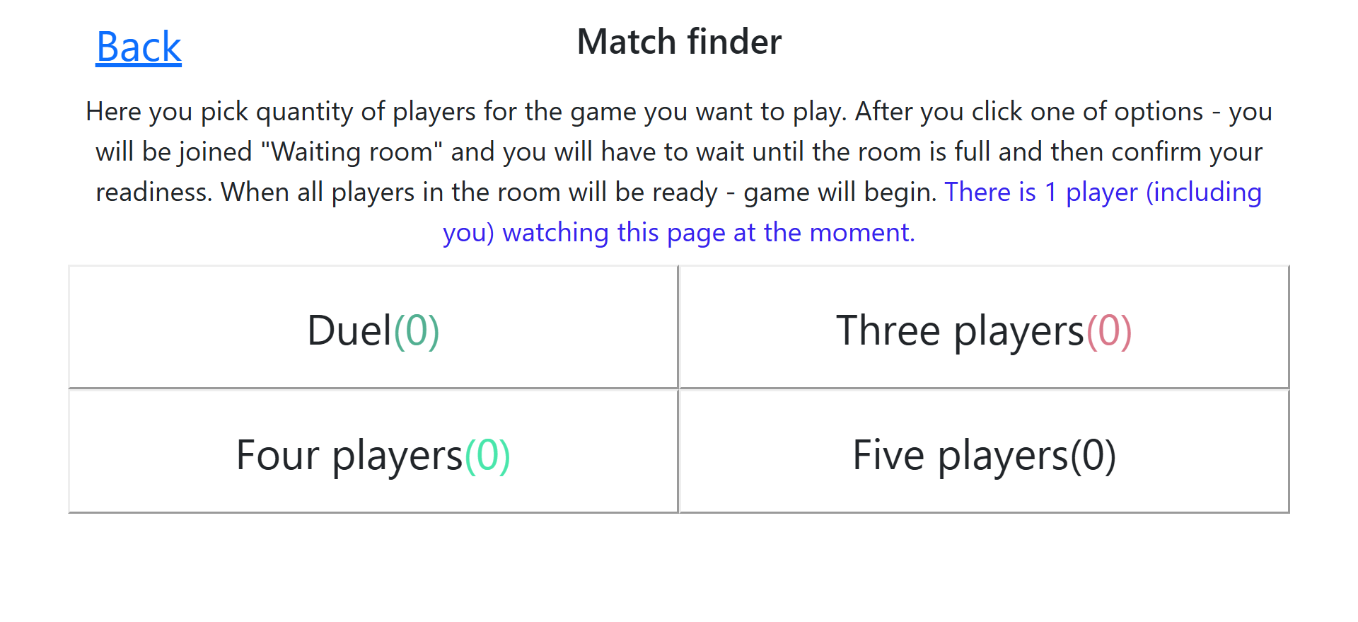 Captura de tela da página do localizador de partidas.