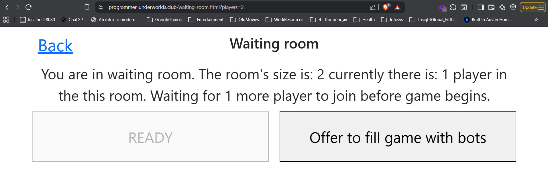 Captura de tela da página 'sala de espera' com o botão 'Oferta para preencher o jogo com bots'.